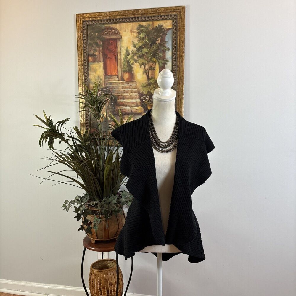 Colour Works Women Crochet Drape Waffle Cutout Back Size Small Black Rib Knit